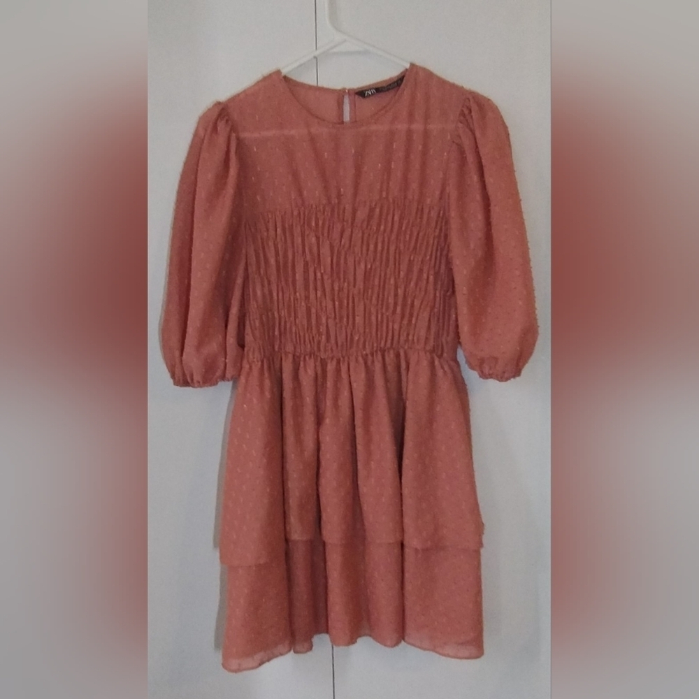 Zara Ruffle Dress With Puff Sleeves Peach Size (M)